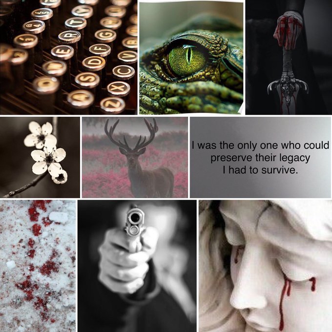 An aesthetic full of crocodiles, blood, cherry blossoms, and revolver