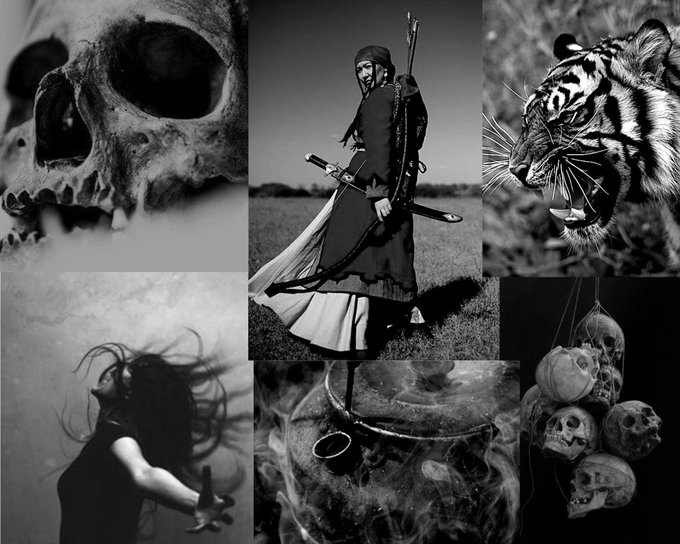 A black and white aesthetic with images of tigers, skulls, and a woman screaming