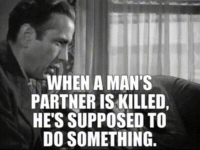 A black and white image of a desperate man in his office and text that says: "When a man's partner is killed, he's supposed to do something"