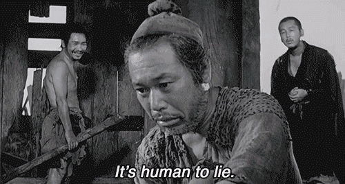 Three men huddled together in feudal Japan and one of them is saying, "It's human to lie"