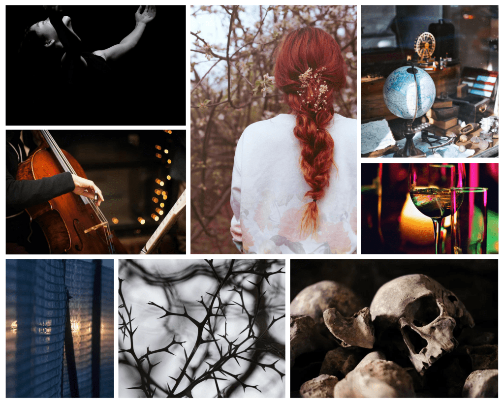 A eight square aesthetic. The left top square is a black and white woman reaching to the sky, the next square is a person playing a cello, the middle square is the back of a woman with red hair in a braided ponytail, the right hand square is a desk covered in a globe, papers, and books, the square below that is a neon picture of a glass of wine, the bottom left square is a metal fence, the middle bottom square is a thorny branch, and in the bottom right square is a skull