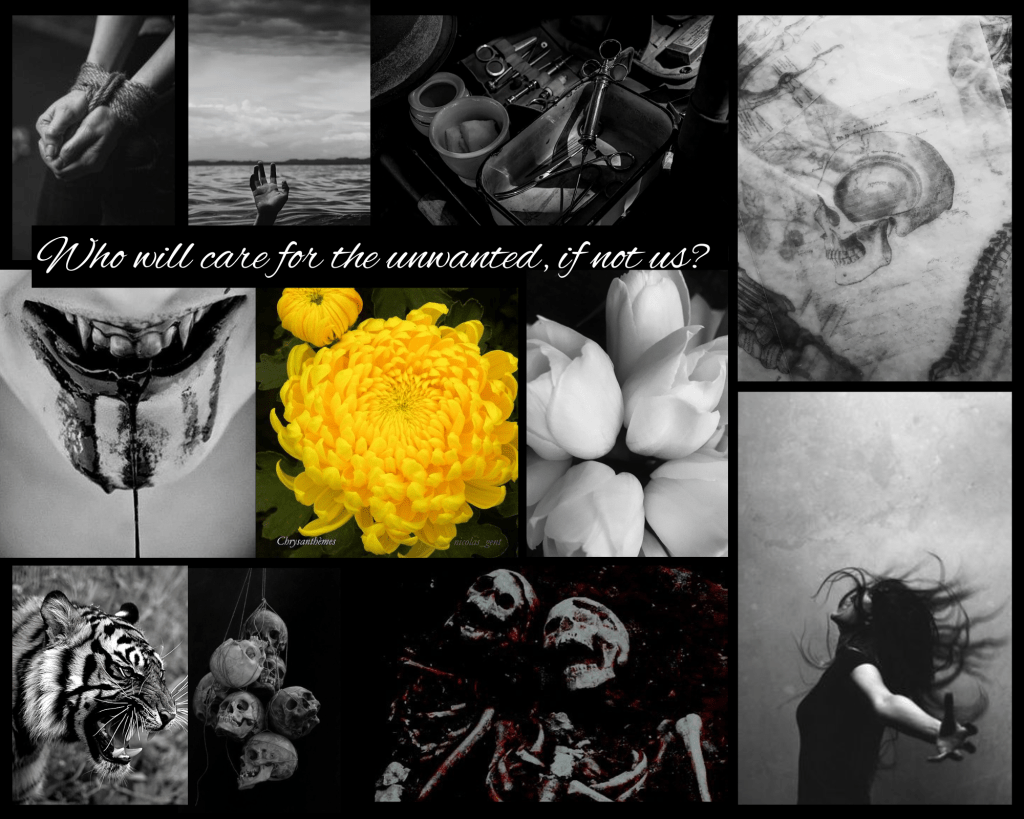 An aesthetic full of skulls, blood, and bondage. In the center is a yellow chrysanthemum and the quote "Who Will care for the unwanted if not us?"