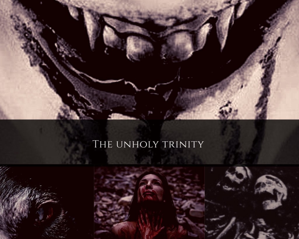 A four square, sepia tone aesthetic. The top and biggest square is of a bloody mouth with blood dripping out of it. In the bottom left corner, there is a close up of a black wolf's eye, in the middle square there is a moon on her knees, looking up at the moon, with blood smeared across her lips, in the bottom right corner, there are two skeletons with heads touching and jaws open as if they're laughing
