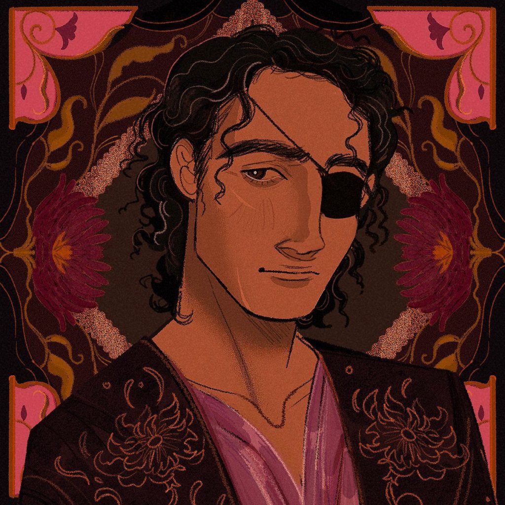 A drawing of a brown man with black curly hair and a black eyepatch. He is wearing a dark purple robe with a pattern of pink chrysanthemum. Behind him are pink chrysanthemums and dark purple patterns