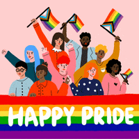 A square with a pink background and a banner of rainbow colors running across the screen. On this banner there is text that says: Happy Pride. Above the banner are several people of different genders and colors hoping the pride flag: A rainbow flag with the trans colors and a black and brown strip added to represent our entire community. 