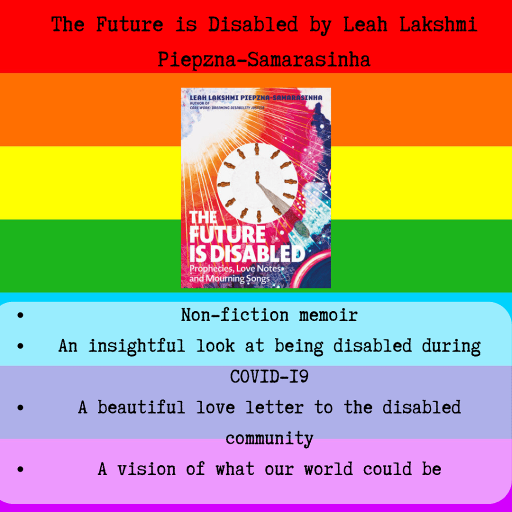 A square icon of a rainbow. There is text that says "The Future is Disabled by Leah Lakshmi Piepzna-Samarasinha". In the center is a small rectangle of a white clock in the rays of a red sun. The title of the book is The Future is Disabled. Below the book there is text that says "Non-fiction memoir, An insightful look at being disabled during COVID-19, A beautiful love letter to the disabled community, a vision of what our world could be" 